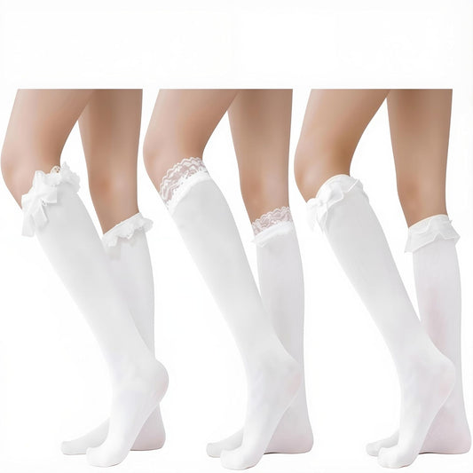3 Pairs Knee High Socks for Women Lace Ruffle Knee High Sock with Bow White Kawaii Lolita Stocking for Ladies Girls