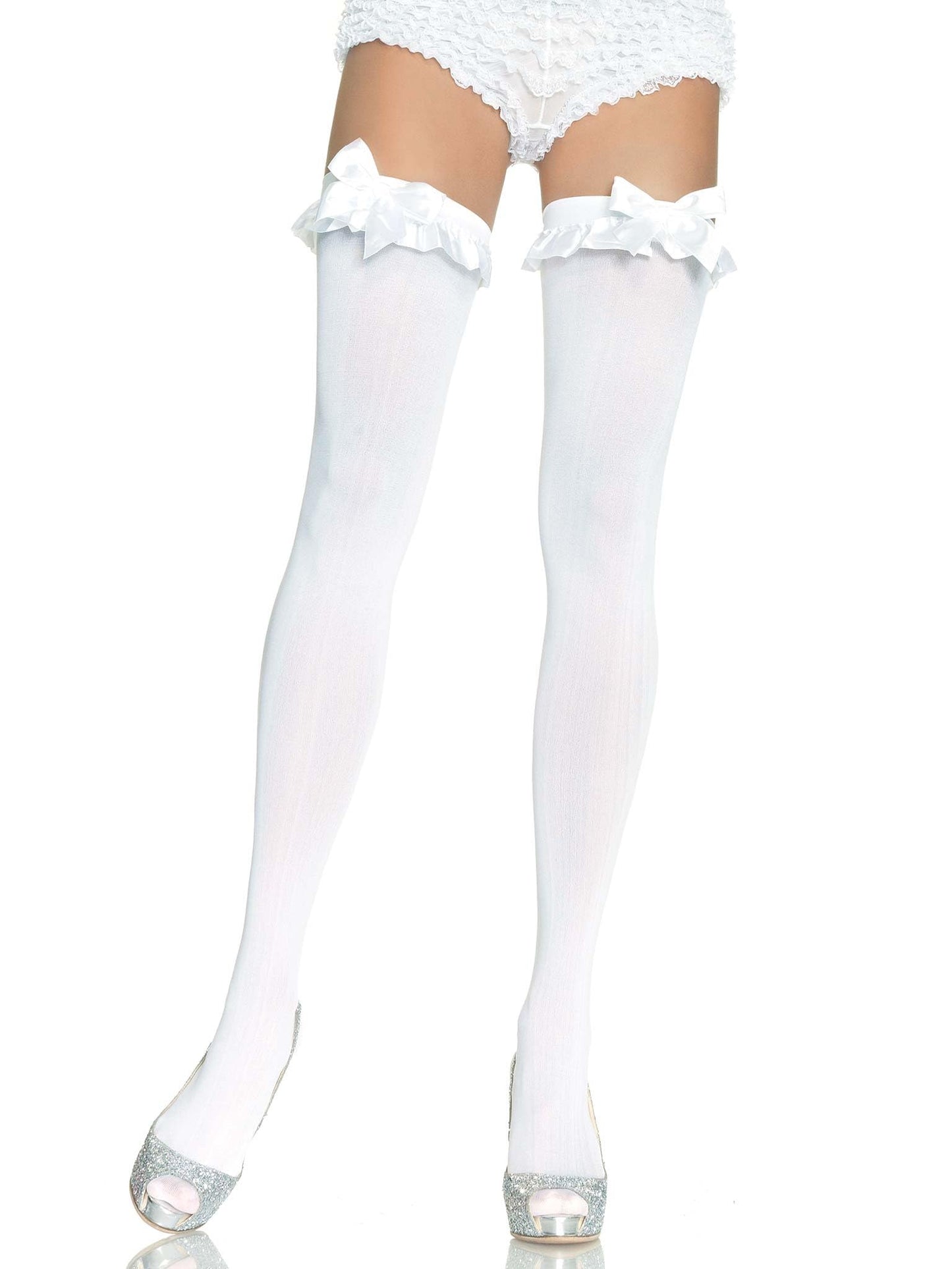 Women's Opaque Thigh Highs with Satin Ruffle Trim and Bow