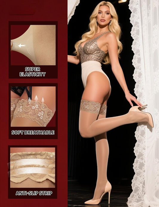 Women's Lace Top Thigh High Sheer Stockings Antiskid Silicone Ultra Shimmery Pantyhose