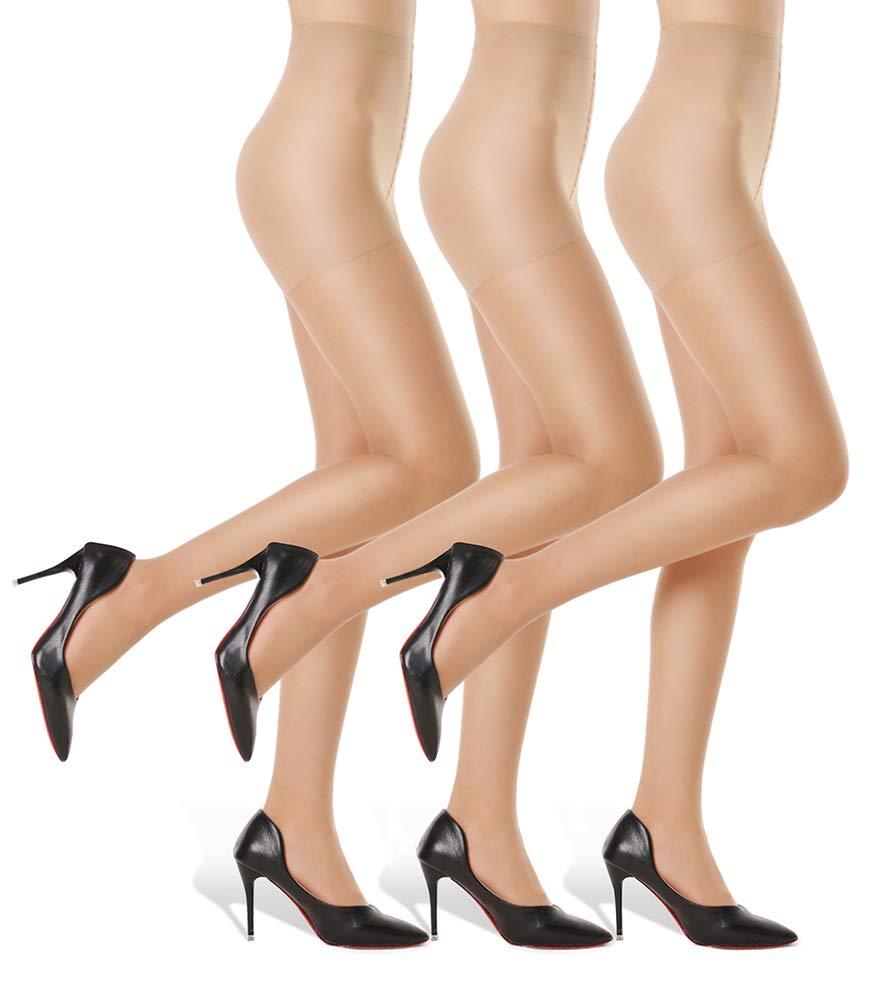 3 Pairs Women's Sheer Tights - 20D Control Top Pantyhose with Reinforced Toes