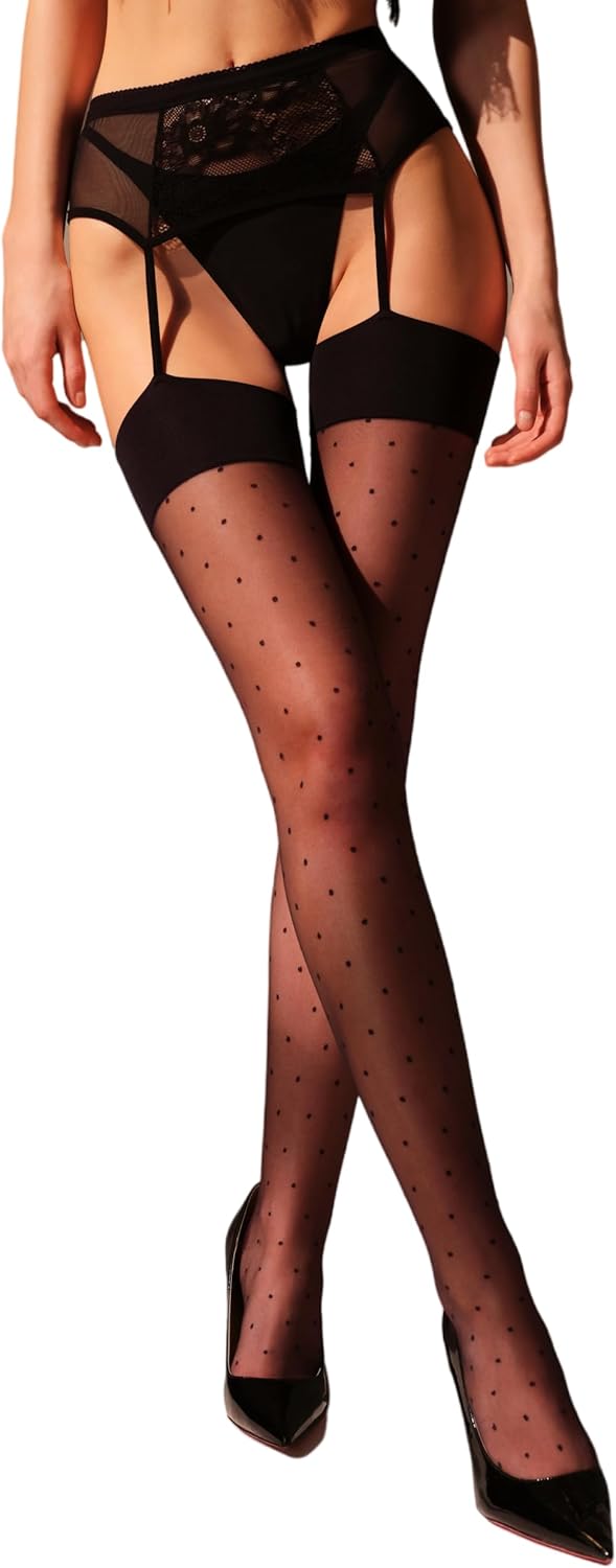 Women Lace Garter Belt & Polka Dot Thigh High Stockings