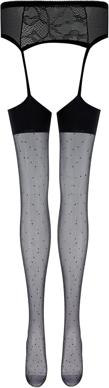 Women Lace Garter Belt & Polka Dot Thigh High Stockings