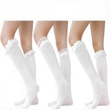 3 Pairs Knee High Socks for Women Lace Ruffle Knee High Sock with Bow White Kawaii Lolita Stocking for Ladies Girls