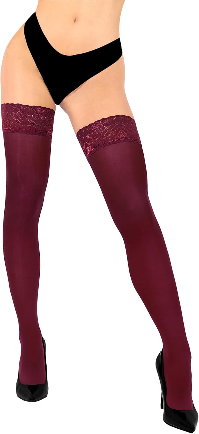 Women's Opaque Thigh High Stockings | Ultra Soft Dual Silicone Lace Top Stay Ups