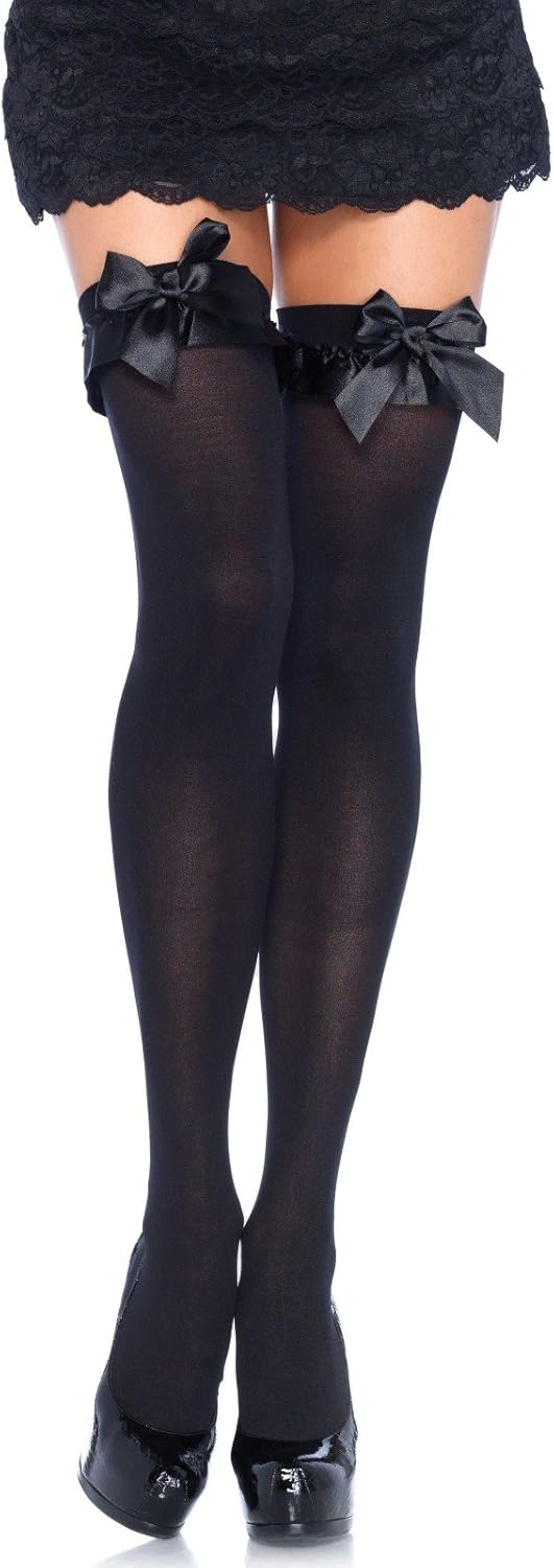 Women's Opaque Thigh Highs with Satin Ruffle Trim and Bow