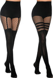 Womens Faux Thigh High Fishnet Stockings Stitching Opaque Pantyhose Mock Over the Knee Goth Striped Suspender Tights