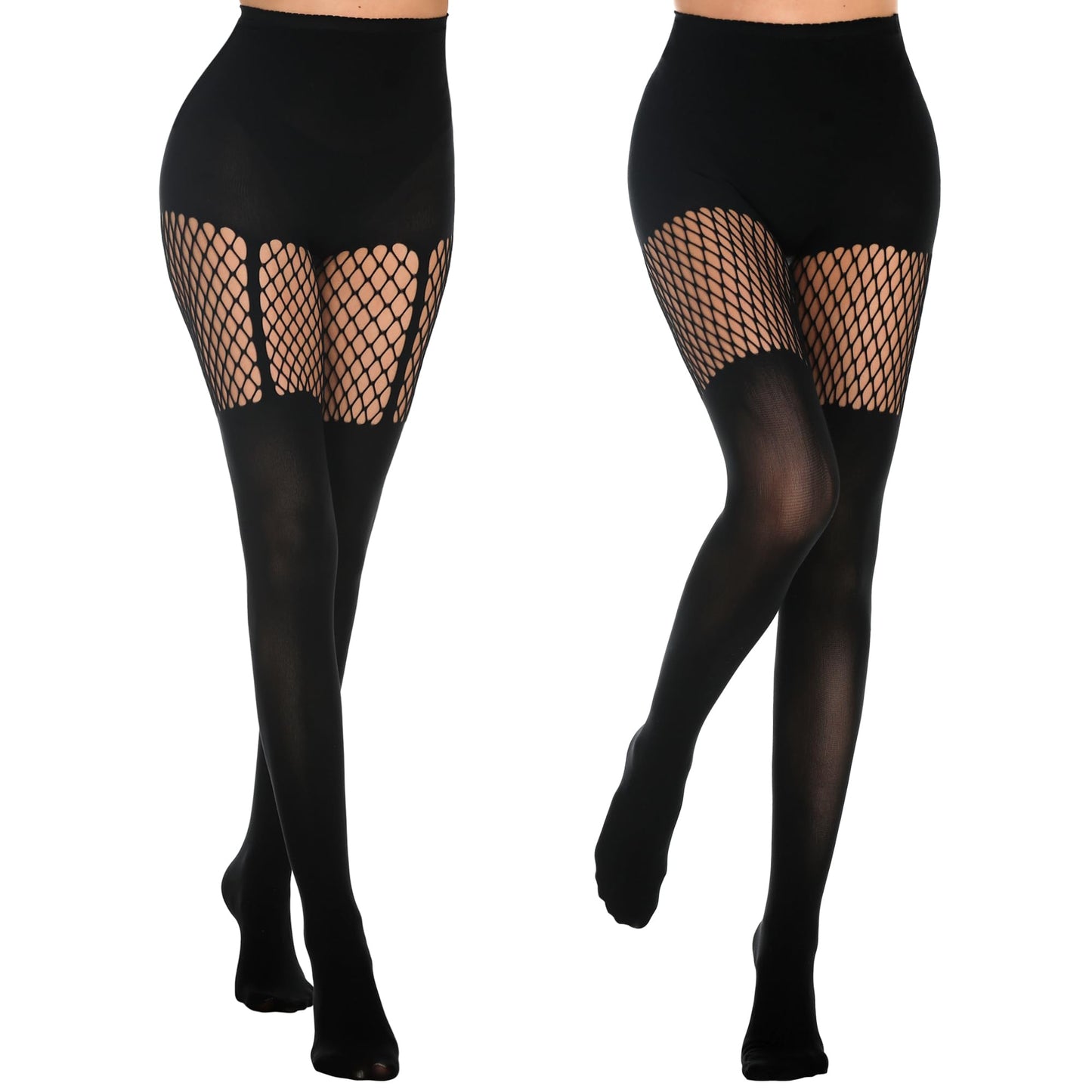 Womens Faux Thigh High Fishnet Stockings Stitching Opaque Pantyhose Mock Over the Knee Goth Striped Suspender Tights