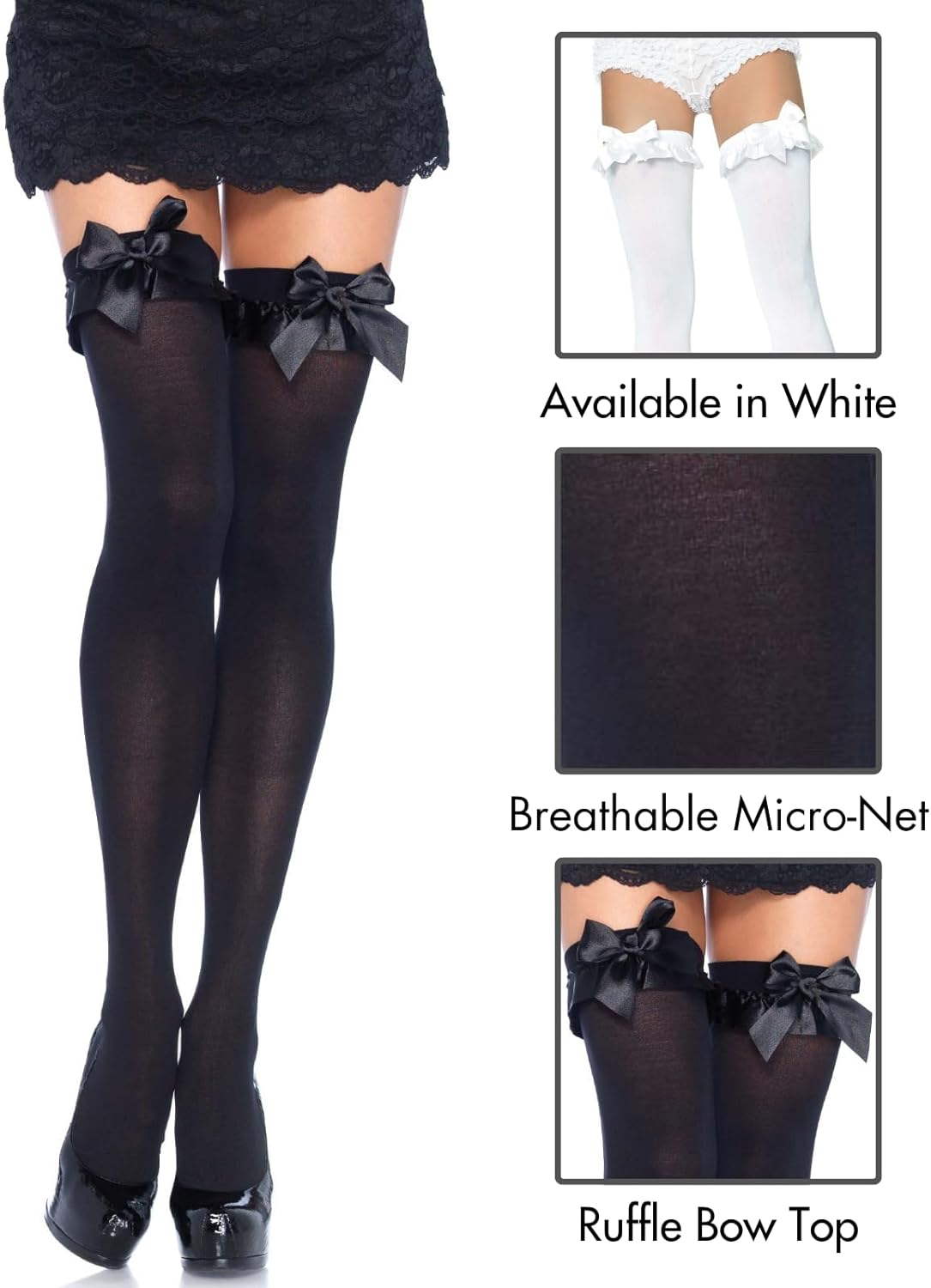 Women's Opaque Thigh Highs with Satin Ruffle Trim and Bow