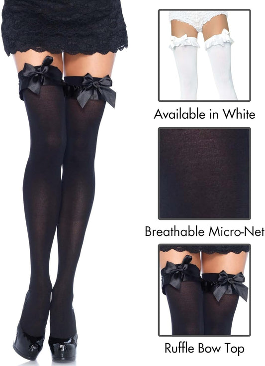 Women's Opaque Thigh Highs with Satin Ruffle Trim and Bow