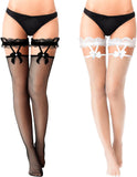 2 Pairs Thigh High Fishnet Stockings Lace Bow Suspenders Hold up Halloween Stockings for Women
