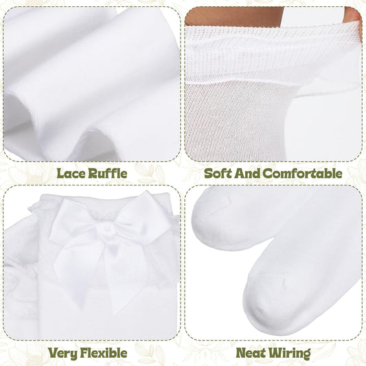 3 Pairs Knee High Socks for Women Lace Ruffle Knee High Sock with Bow White Kawaii Lolita Stocking for Ladies Girls