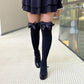 Women's Opaque Thigh Highs with Satin Ruffle Trim and Bow