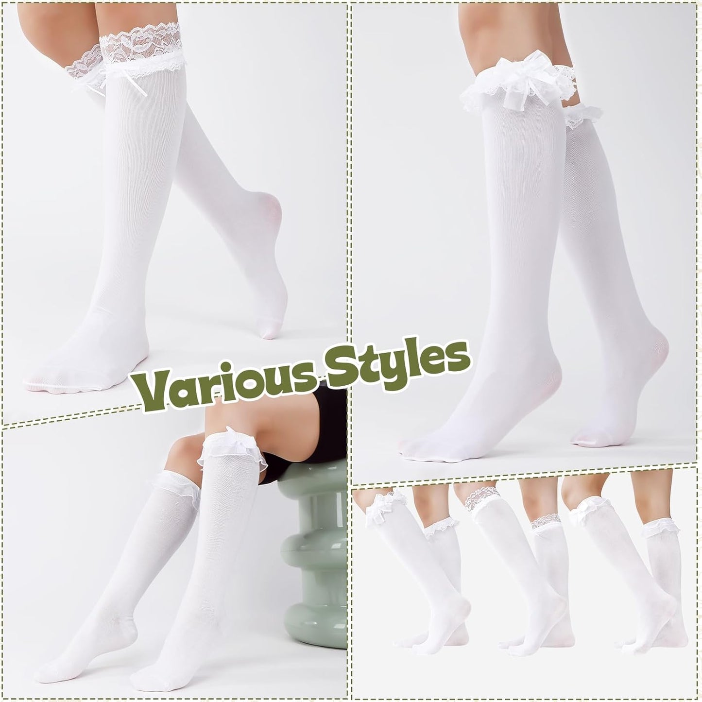 3 Pairs Knee High Socks for Women Lace Ruffle Knee High Sock with Bow White Kawaii Lolita Stocking for Ladies Girls