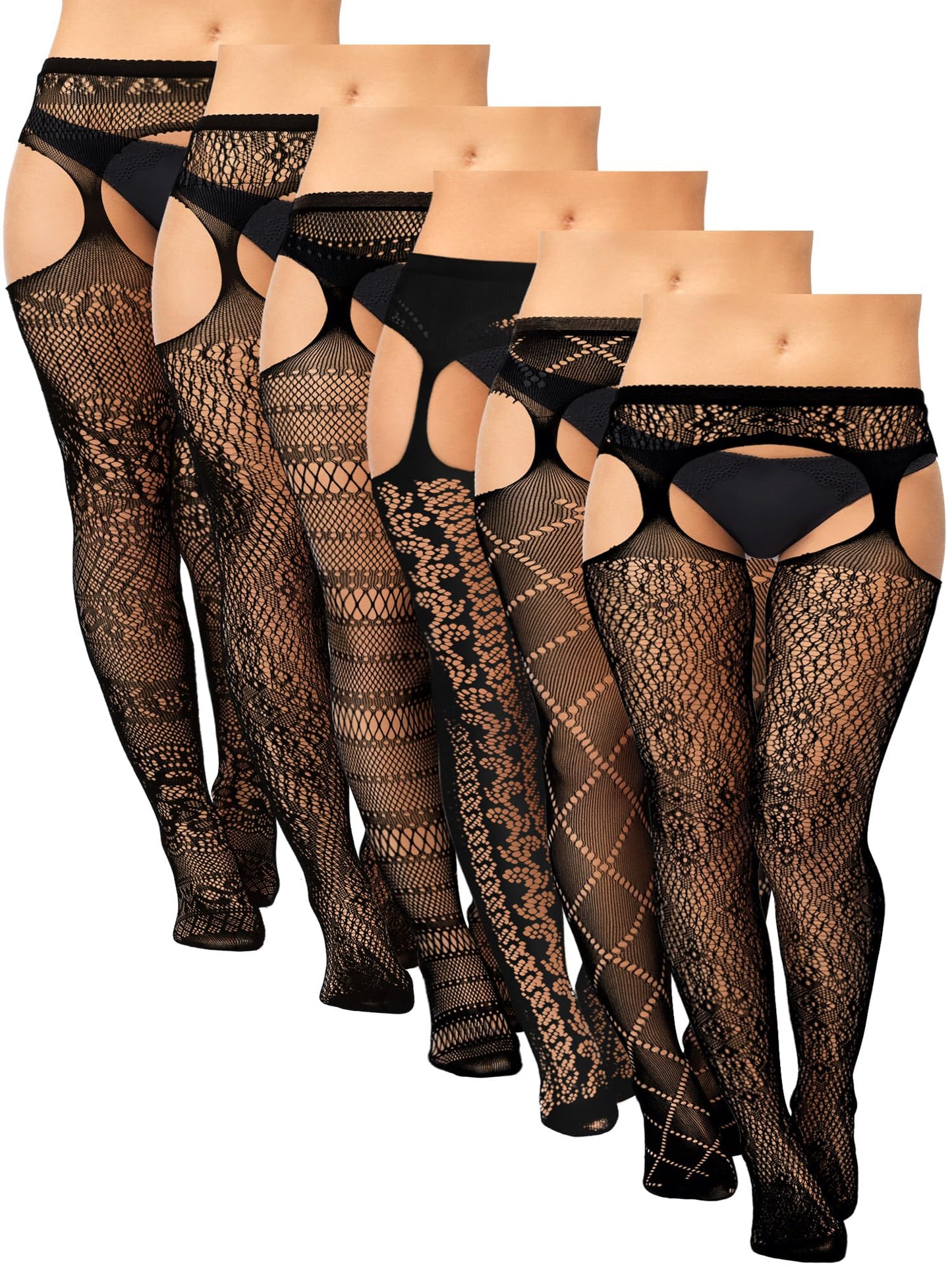 6 Pairs Fishnet Stockings for Women Plus Size Thigh-high Tights Stockings Suspender Pantyhose Garter Belts