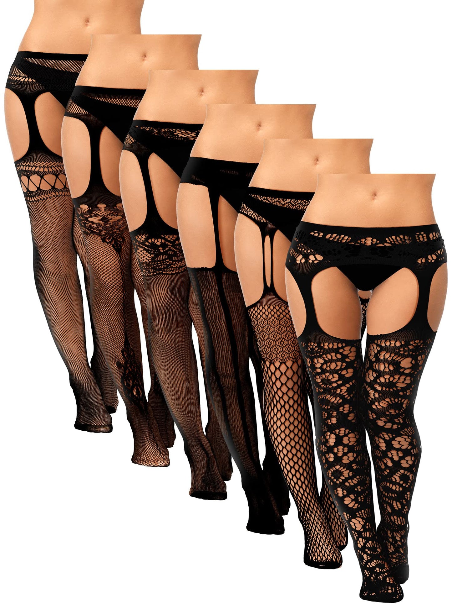 6 Pairs Fishnet Stockings for Women Plus Size Thigh-high Tights Stockings Suspender Pantyhose Garter Belts