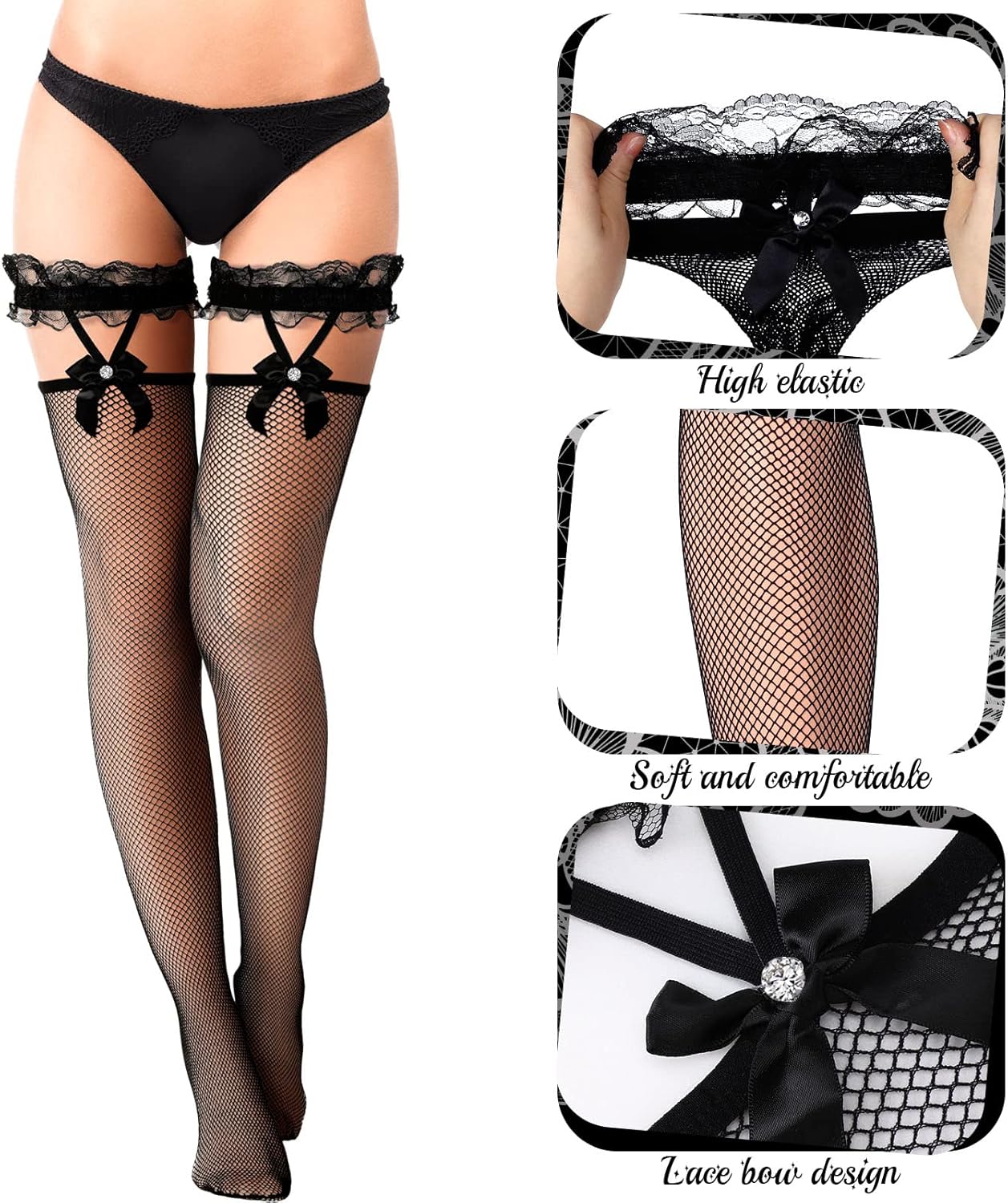 2 Pairs Thigh High Fishnet Stockings Lace Bow Suspenders Hold up Halloween Stockings for Women