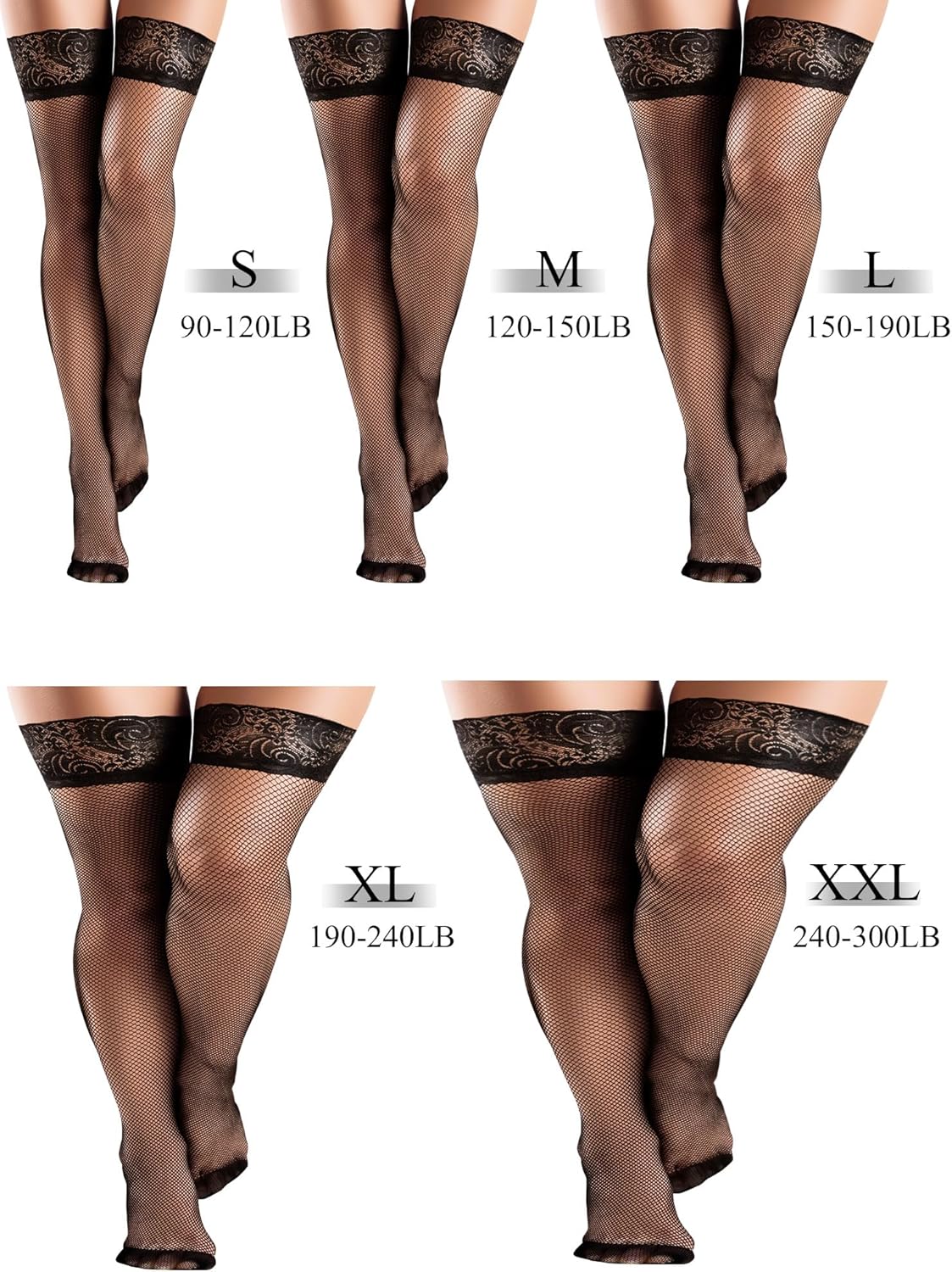 Fishnet Thigh High Stockings for Women, Silicone Lace Top Sheer Over Knee Stockings