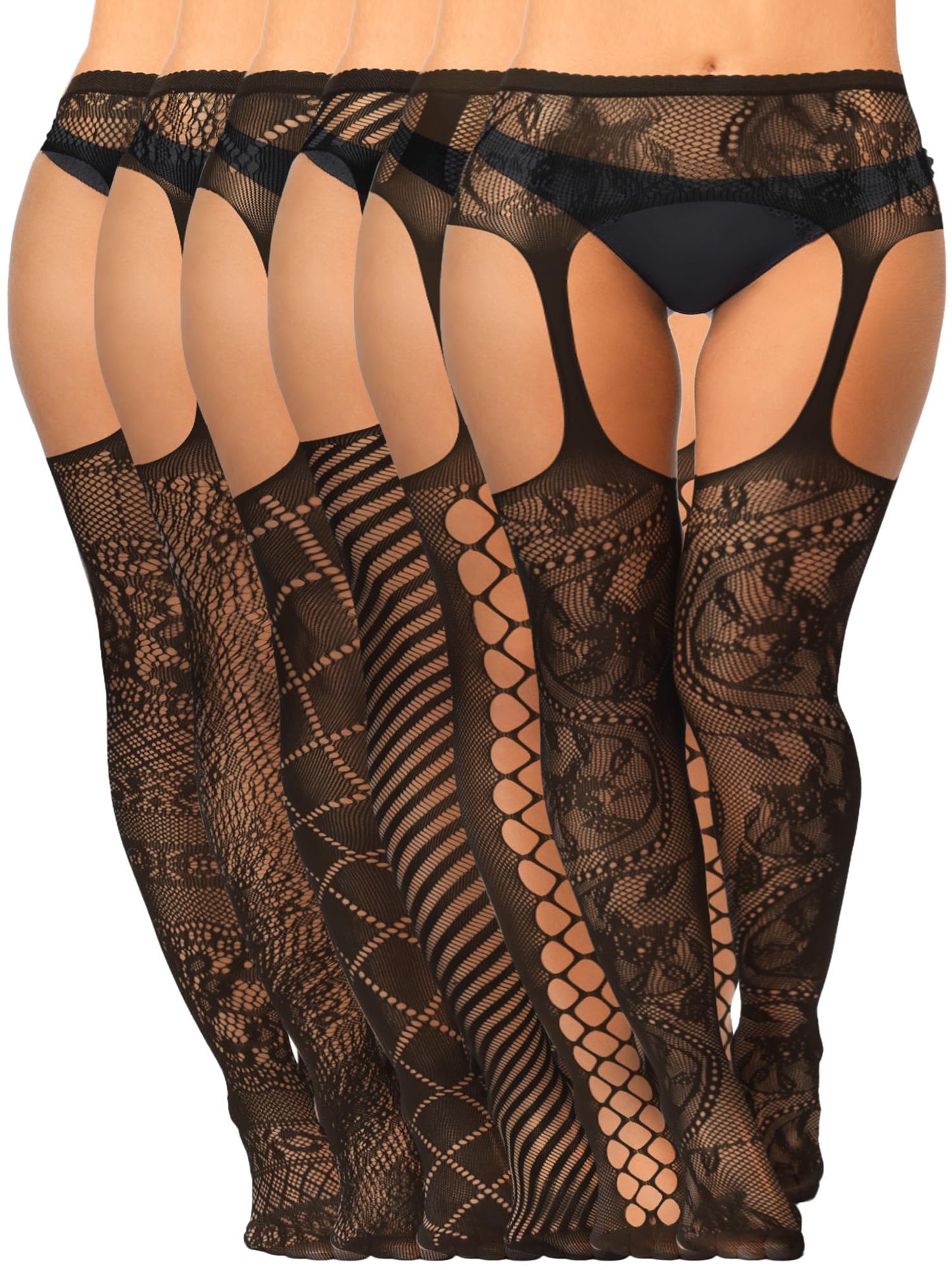 6 Pairs Fishnet Stockings for Women Plus Size Thigh-high Tights Stockings Suspender Pantyhose Garter Belts