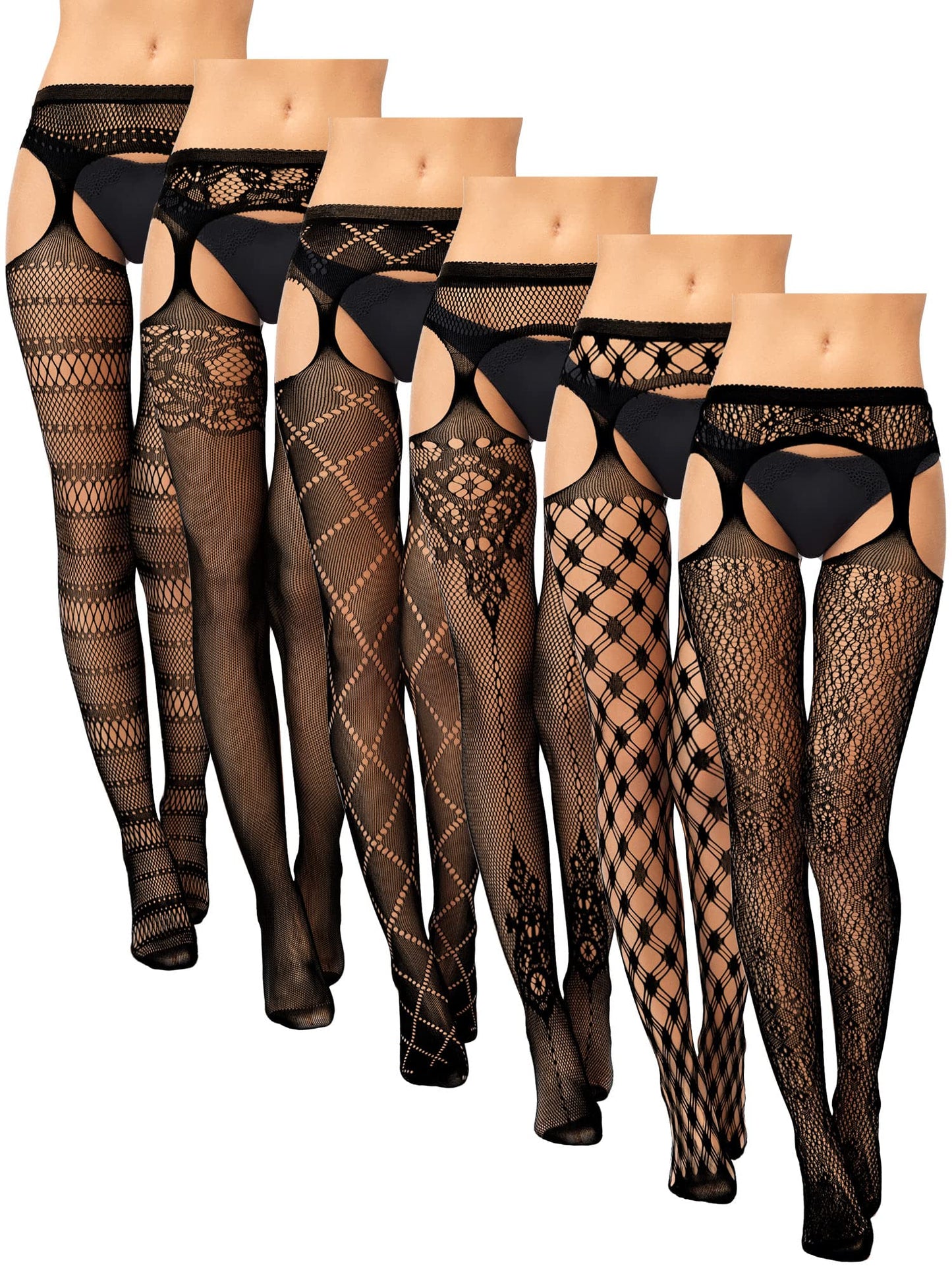 6 Pairs Fishnet Stockings for Women Plus Size Thigh-high Tights Stockings Suspender Pantyhose Garter Belts