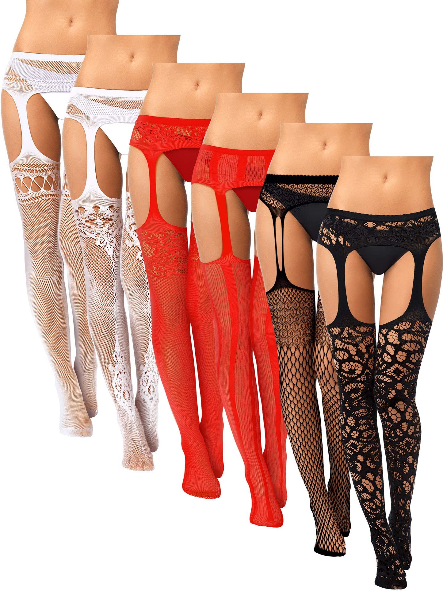 6 Pairs Fishnet Stockings for Women Plus Size Thigh-high Tights Stockings Suspender Pantyhose Garter Belts