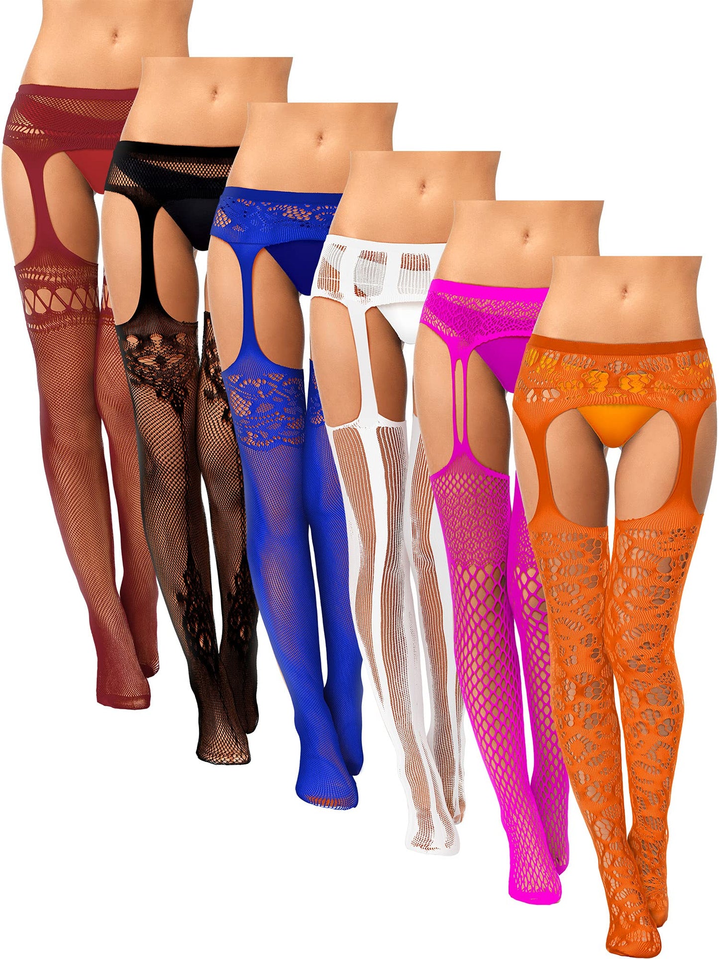 6 Pairs Fishnet Stockings for Women Plus Size Thigh-high Tights Stockings Suspender Pantyhose Garter Belts