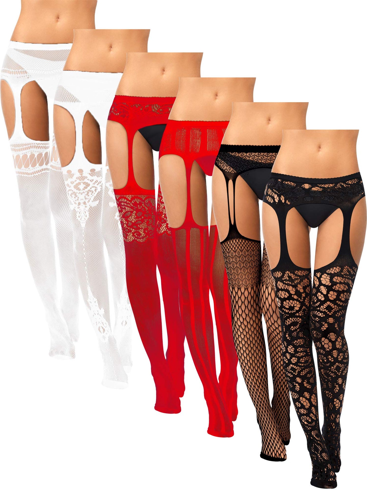 6 Pairs Fishnet Stockings for Women Plus Size Thigh-high Tights Stockings Suspender Pantyhose Garter Belts