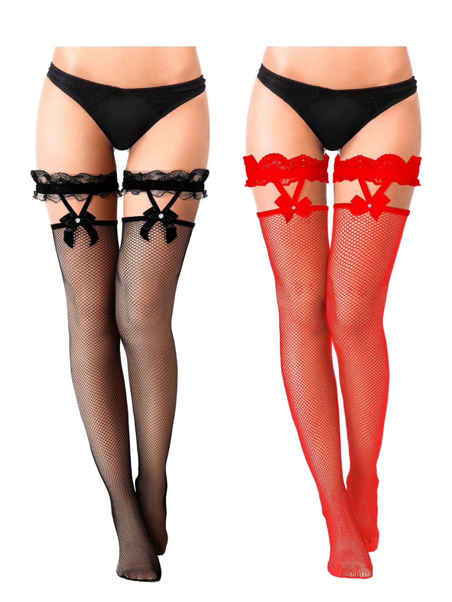 2 Pairs Thigh High Fishnet Stockings Lace Bow Suspenders Hold up Halloween Stockings for Women