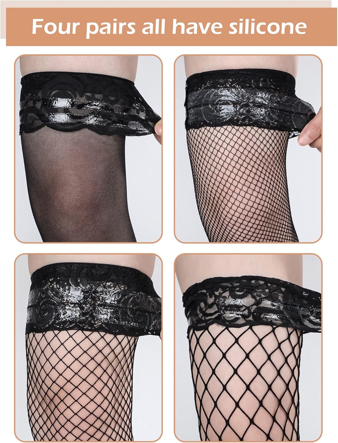 Fishnet Thigh High Stockings for Women, Silicone Lace Top Sheer Over Knee Stockings