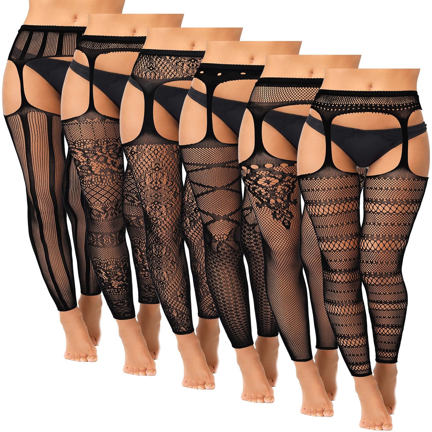 6 Pairs Fishnet Stockings for Women Plus Size Thigh-high Tights Stockings Suspender Pantyhose Garter Belts
