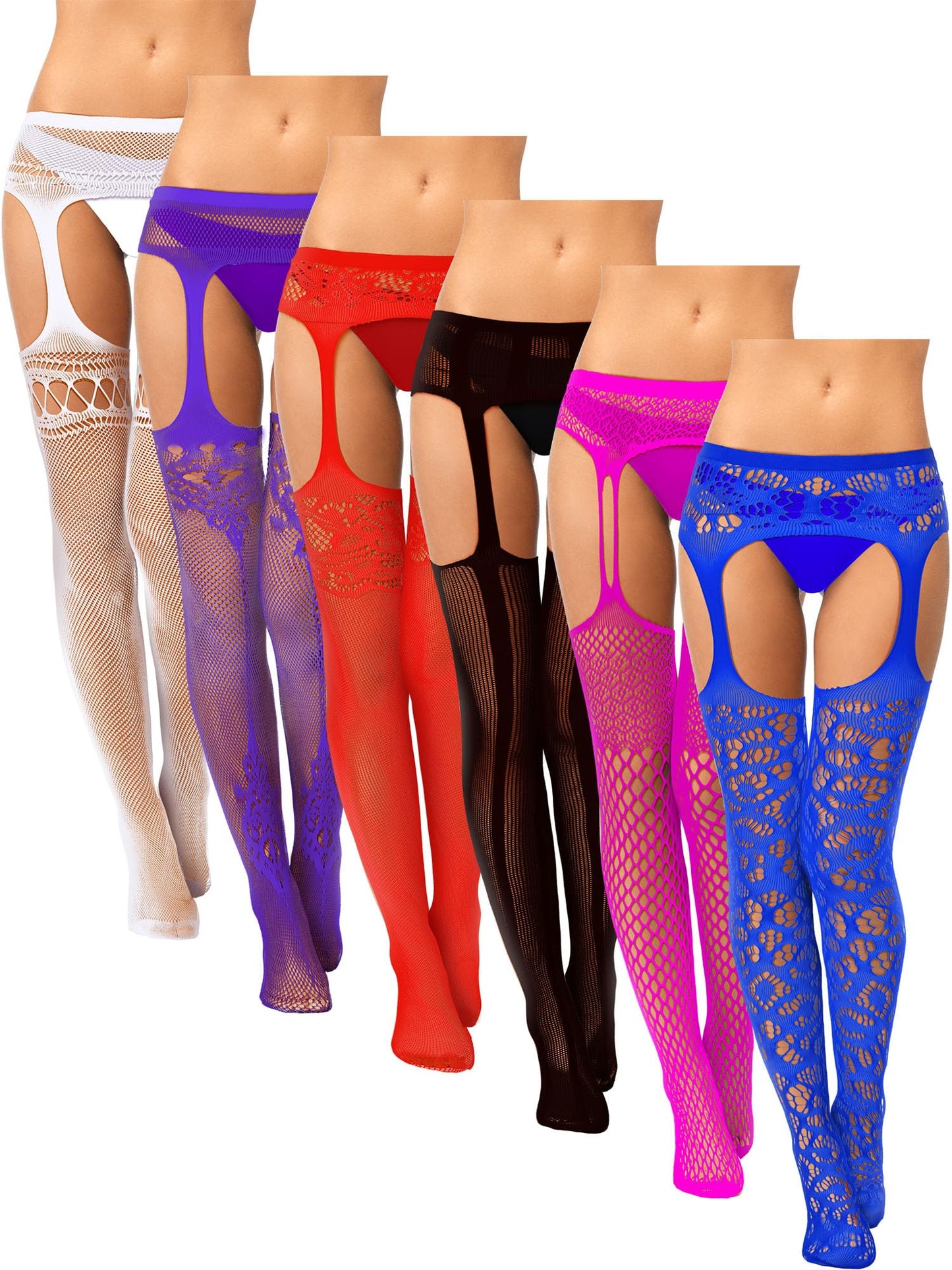 6 Pairs Fishnet Stockings for Women Plus Size Thigh-high Tights Stockings Suspender Pantyhose Garter Belts