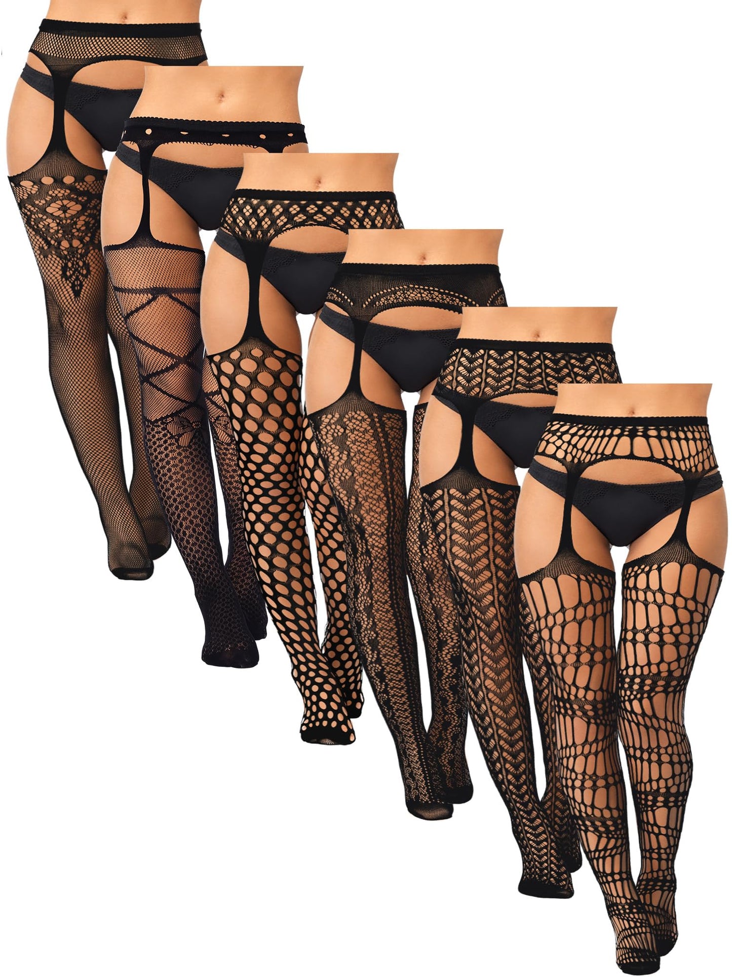 6 Pairs Fishnet Stockings for Women Plus Size Thigh-high Tights Stockings Suspender Pantyhose Garter Belts