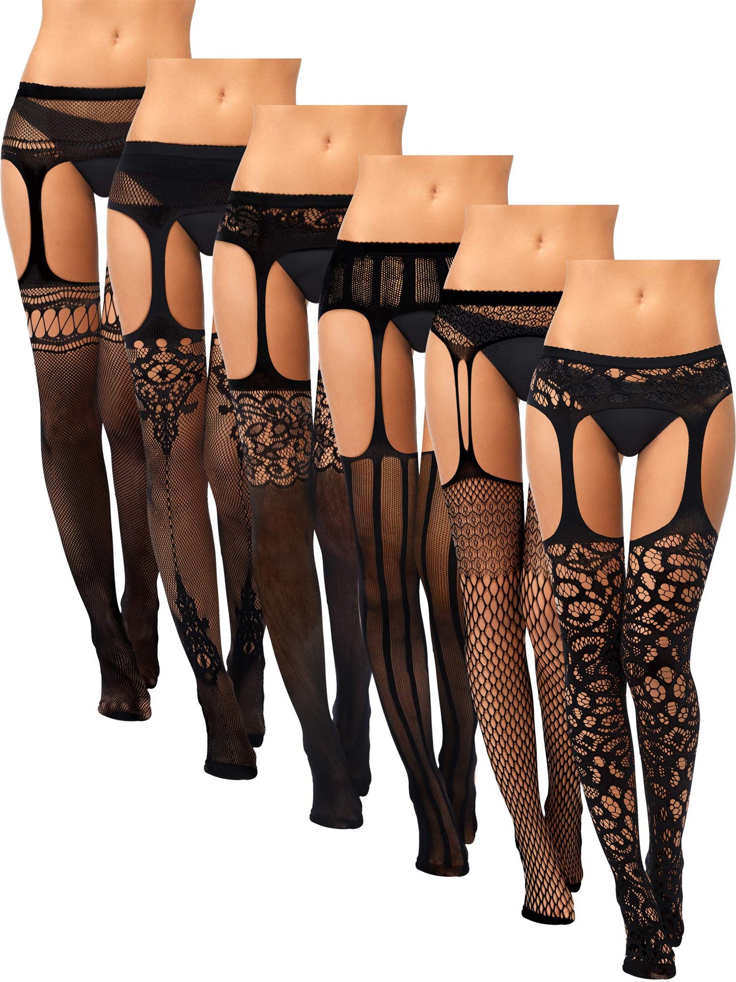 6 Pairs Fishnet Stockings for Women Plus Size Thigh-high Tights Stockings Suspender Pantyhose Garter Belts