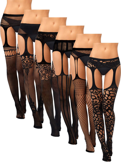 6 Pairs Fishnet Stockings for Women Plus Size Thigh-high Tights Stockings Suspender Pantyhose Garter Belts