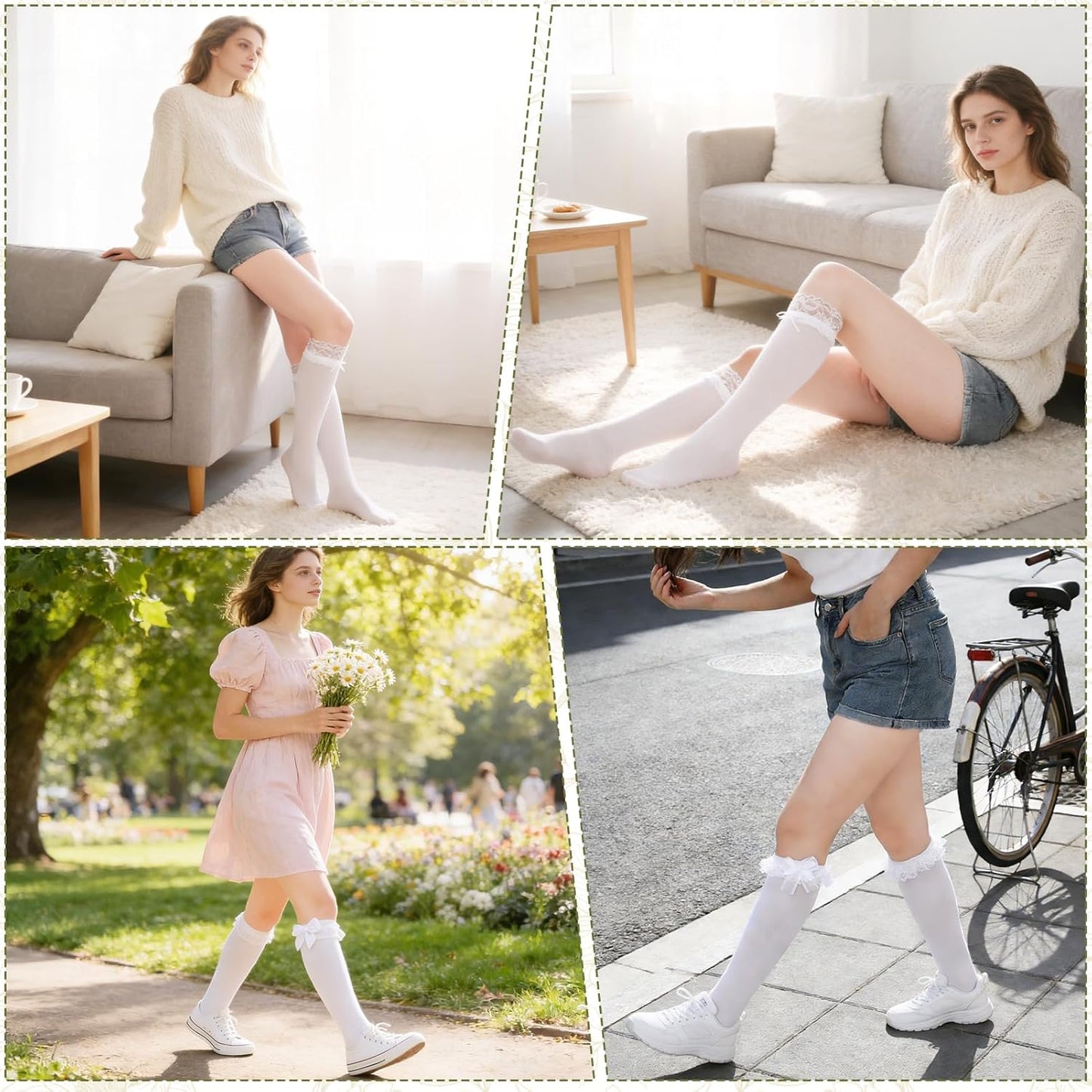 3 Pairs Knee High Socks for Women Lace Ruffle Knee High Sock with Bow White Kawaii Lolita Stocking for Ladies Girls