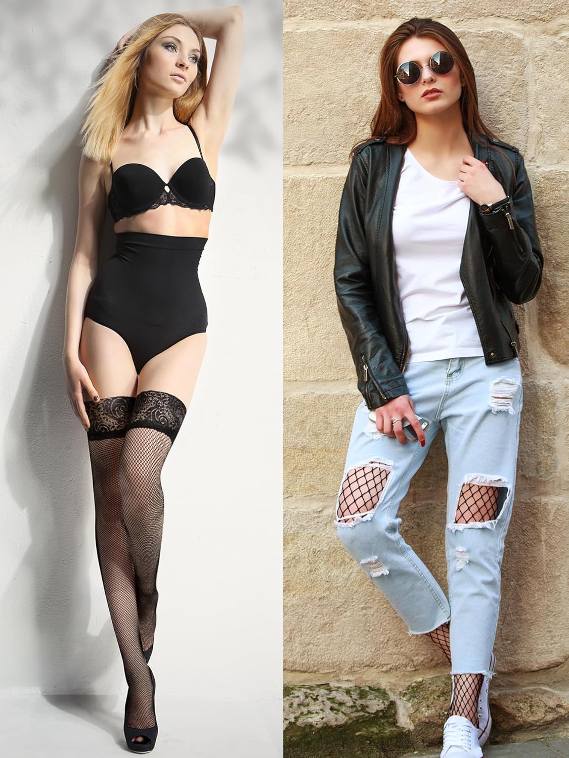 Fishnet Thigh High Stockings for Women, Silicone Lace Top Sheer Over Knee Stockings